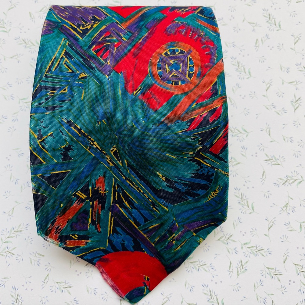 Vintage Retro Colorful Abstract Pattern Men’s Tie 100% Silk